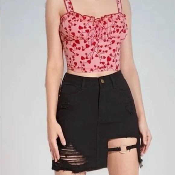 SHEIN pink red heart print all over crop top, size S Barbiecore festival summer - Picture 2 of 14